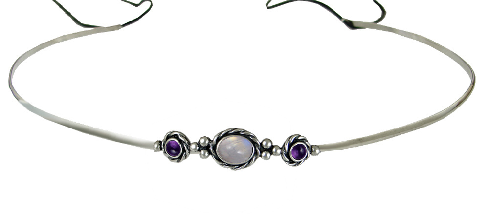 Sterling Silver Renaissance Style Exquisite Headpiece Circlet Tiara With Rainbow Moonstone And Amethyst